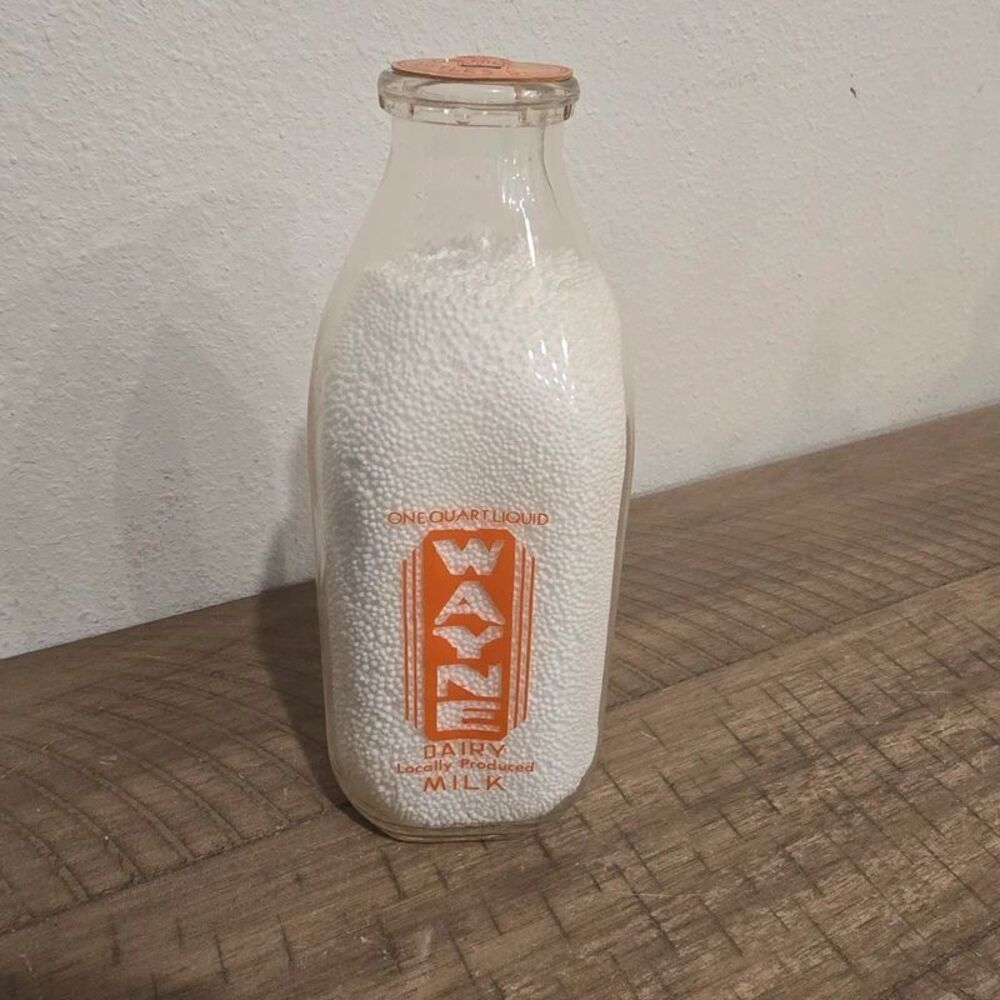 Vintage Wayne Dairy 1 Quart Glass Milk Bottle Orange Pyro Advertising Paper Cap